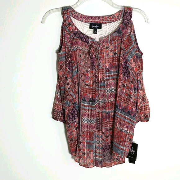 NWT By & By Southwestern Print Lace Insert 3/4 sleeve open shoulder top sz M - Picture 3 of 8